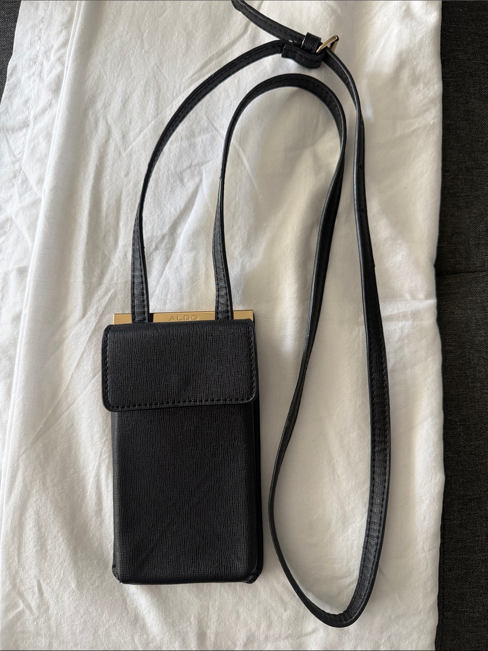 Aldo Black Leather Crossbody Phone Pouch with Gold Accent